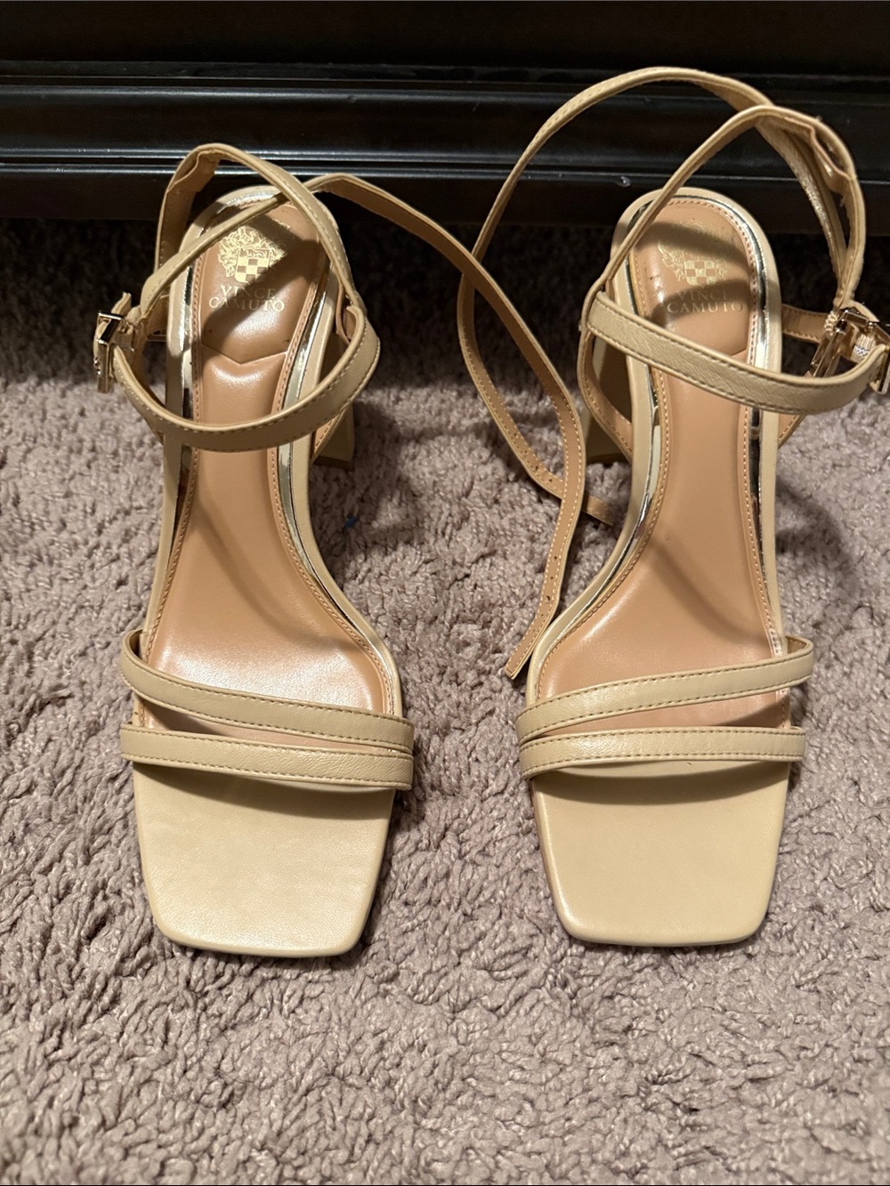 Vince Camuto Beige Square-Toe Strappy Ankle Heels